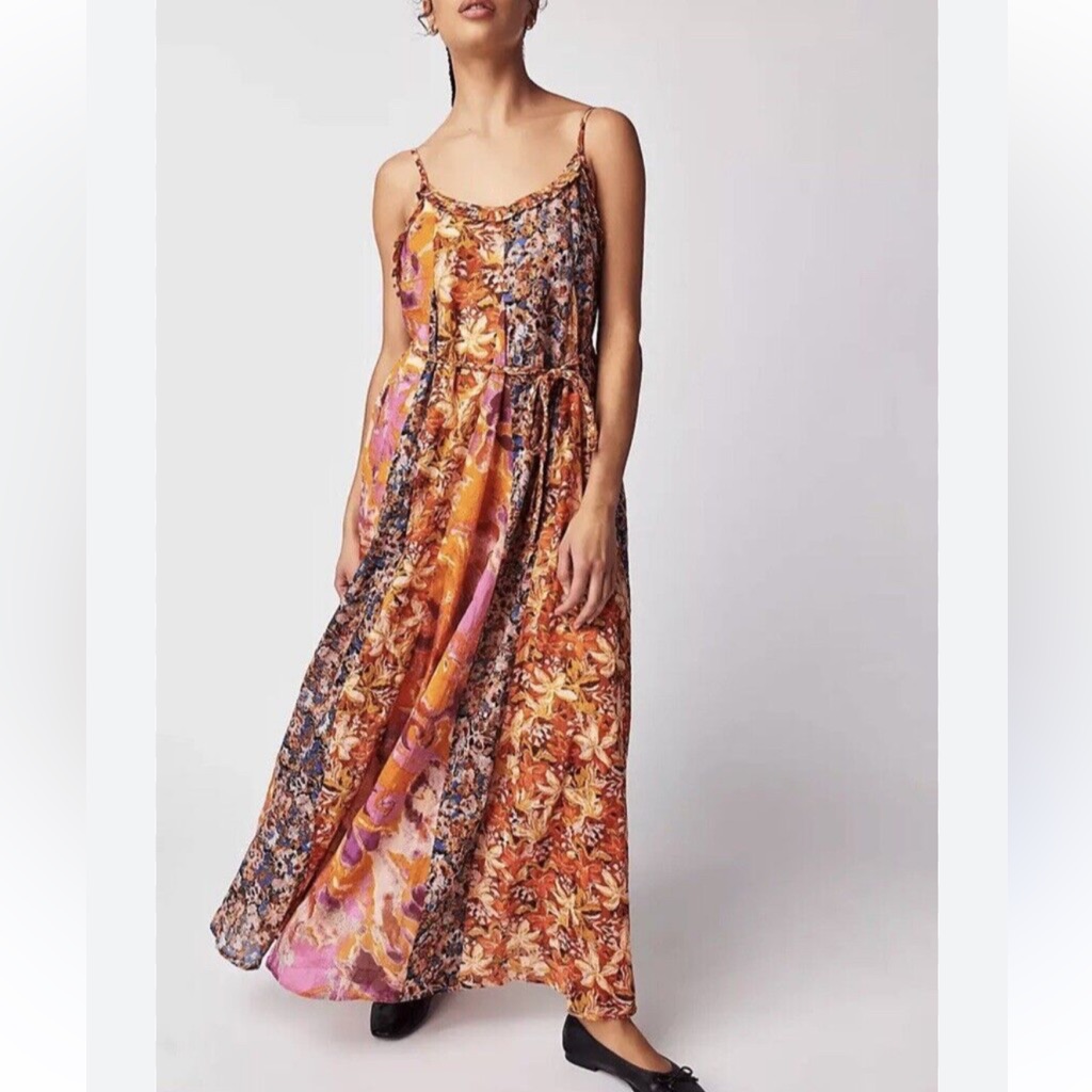 Free People Moondive Maxi Dress Xl Nwt Orange Patchwork Sleeveless Open Back